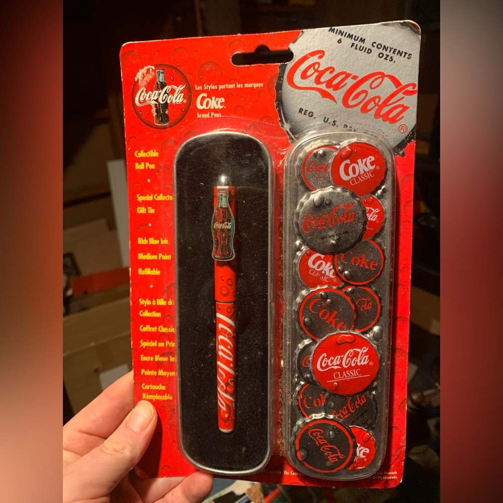 Vintage 1998 Coca Cola Coke Ball Point Pen w Metal Tin Bottle Cap Case F11